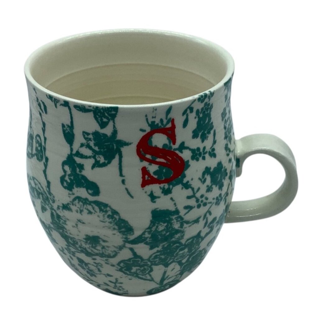 ANTHROPOLOGIE‎ Boho Floral Initial "S" Monogram Ceramic Coffee Mug Cup 4"